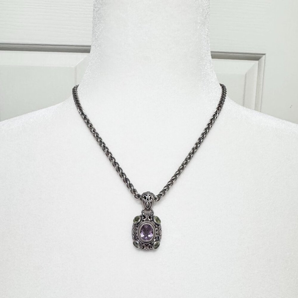 Vintage 925 Italy Sterling Silver Amethyst Peridot Filigree Necklace 18in 36.63g